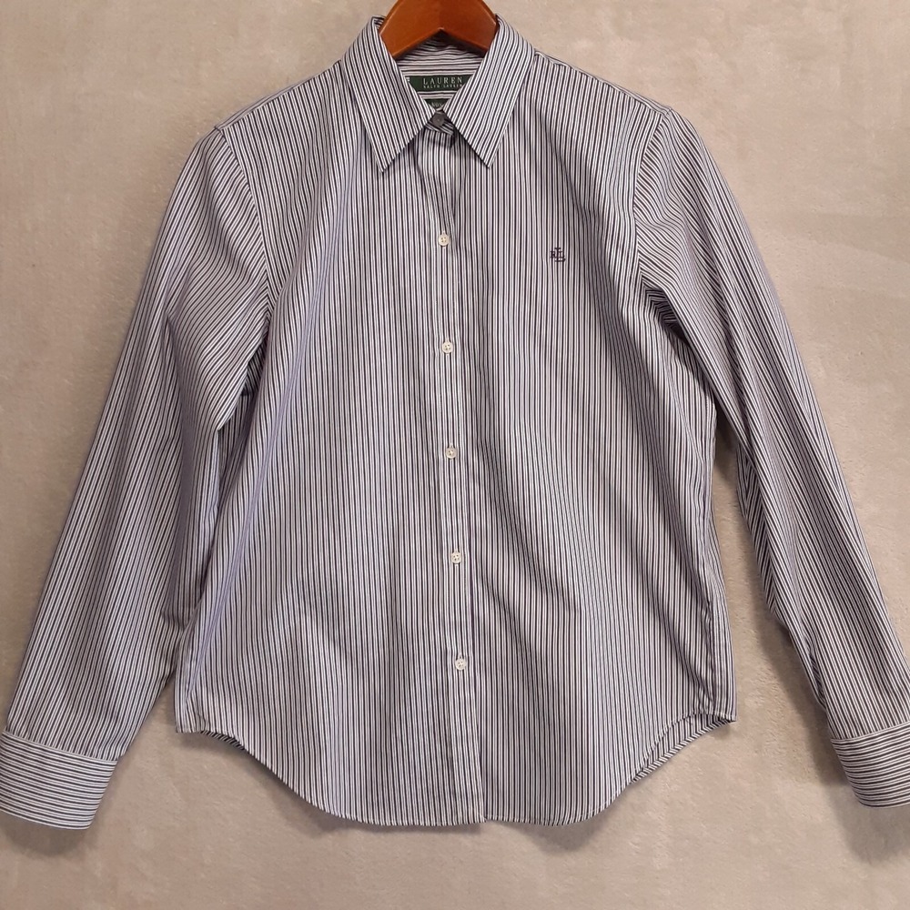 Lauren by Ralph Lauren Womans LS Button Shirt Sz.M/Purple-Black Stripes/Non Iron